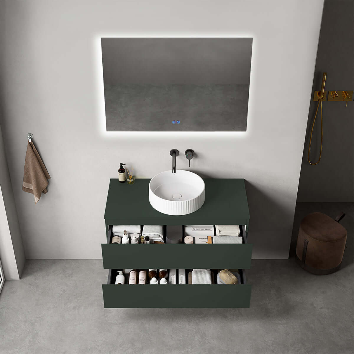 Mobile bagno sospeso 100 cm Verde Comodoro per Lavabo d'appoggio Specchio Quadro Retroilluminato - Fiji Paint