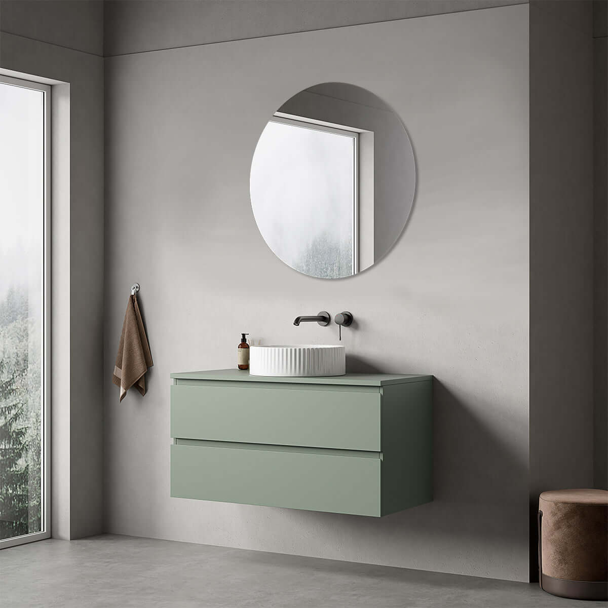 Mobile bagno sospeso 100 cm Verde Salvia per Lavabo d'appoggio Specchio Tondo - Fiji Paint