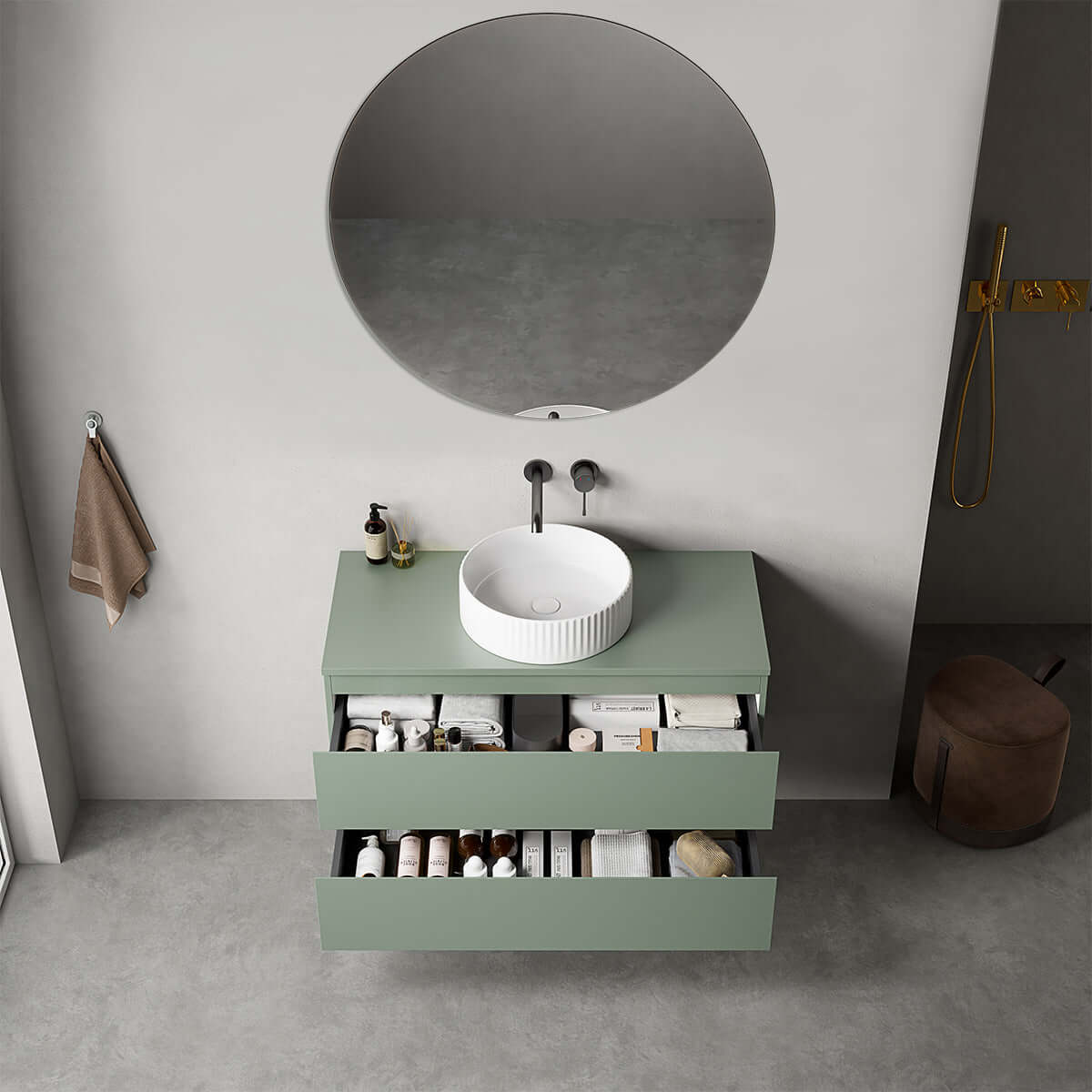 Mobile bagno sospeso 100 cm Verde Salvia per Lavabo d'appoggio Specchio Tondo - Fiji Paint