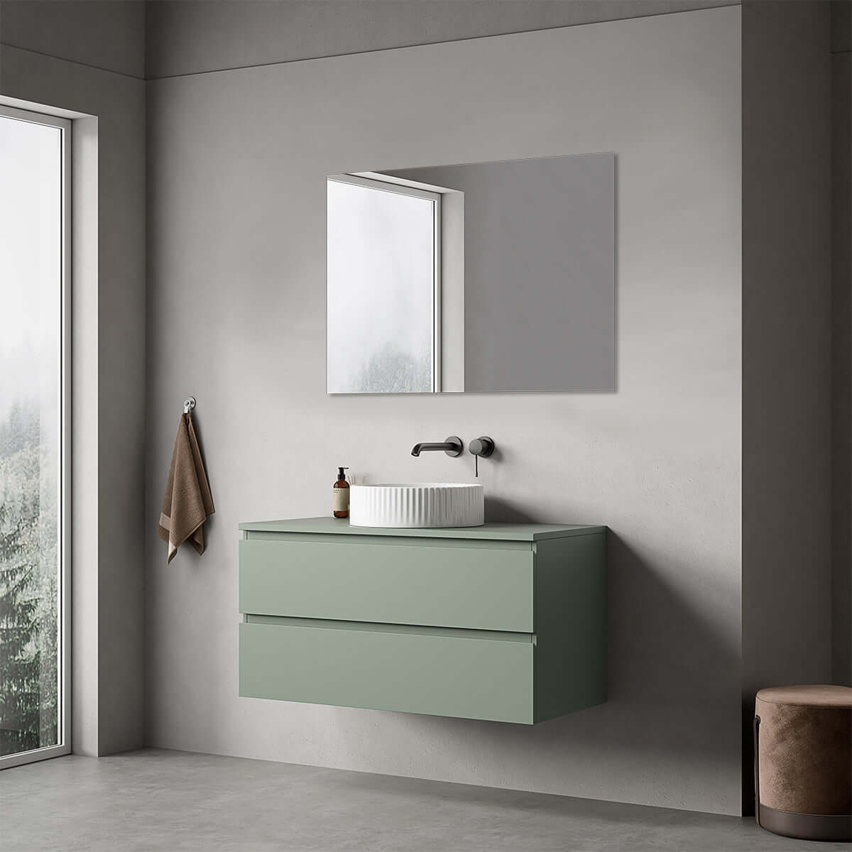Mobile bagno sospeso 100 cm Verde Salvia per Lavabo d'appoggio Specchio Quadro - Fiji Paint