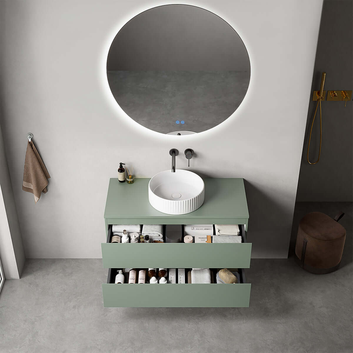 Mobile bagno sospeso 100 cm Verde Salvia per Lavabo d'appoggio Specchio Tondo Retroilluminato - Fiji Paint
