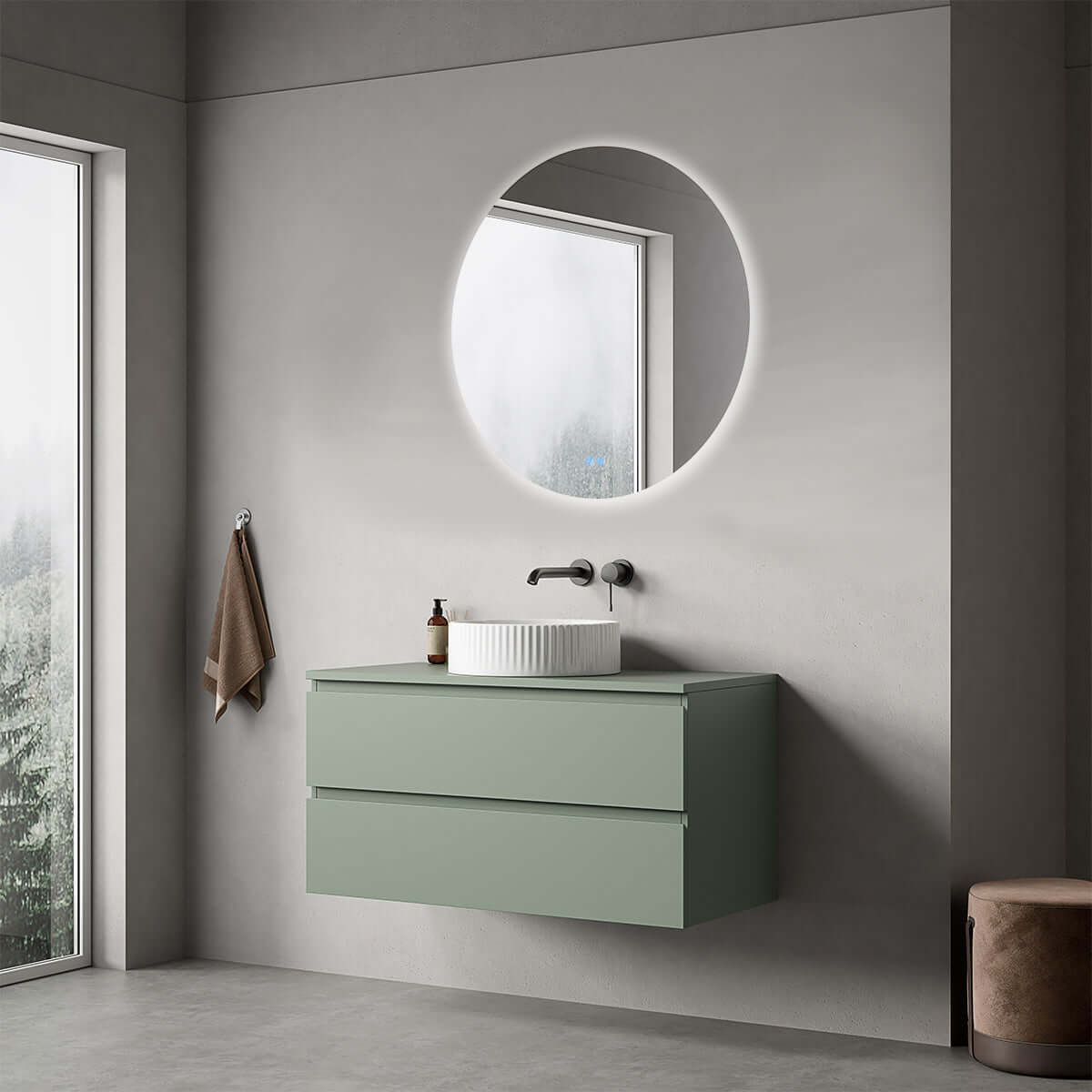 Mobile bagno sospeso 100 cm Verde Salvia per Lavabo d'appoggio Specchio Tondo Retroilluminato - Fiji Paint