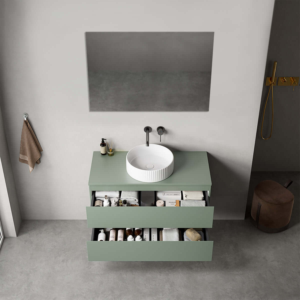 Mobile bagno sospeso 100 cm Verde Salvia per Lavabo d'appoggio Specchio Quadro - Fiji Paint