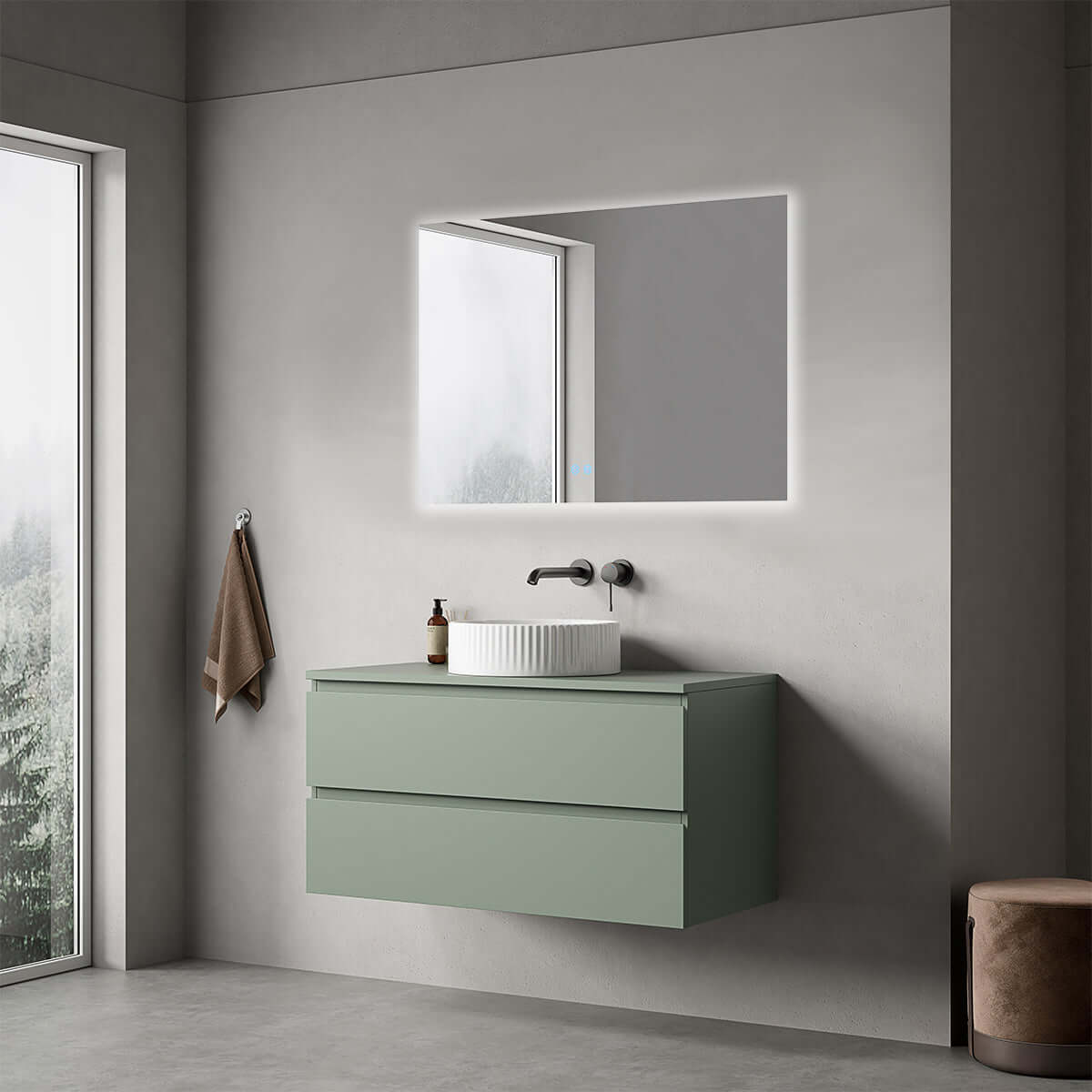Mobile bagno sospeso 100 cm Verde Salvia per Lavabo d'appoggio Specchio Quadro Retroilluminato - Fiji Paint