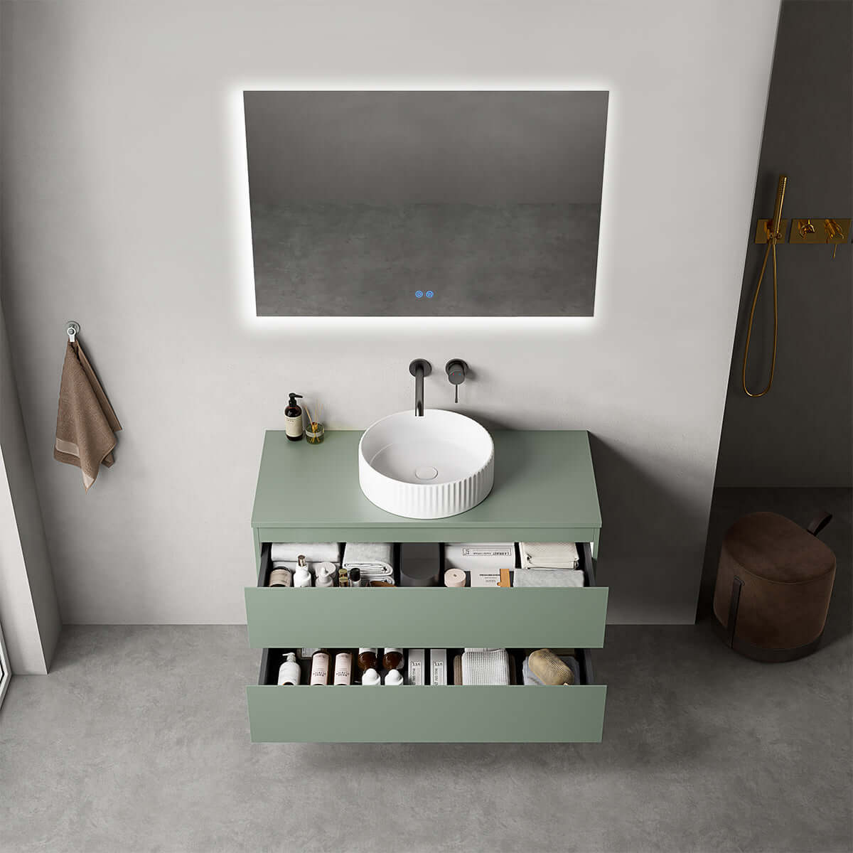 Mobile bagno sospeso 100 cm Verde Salvia per Lavabo d'appoggio Specchio Quadro Retroilluminato - Fiji Paint