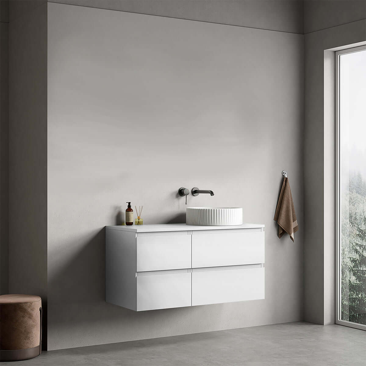 Mobile bagno sospeso reversibile  100 cm Bianco Opaco per Lavabo d'appoggio Senza Specchio - Fiji Paint