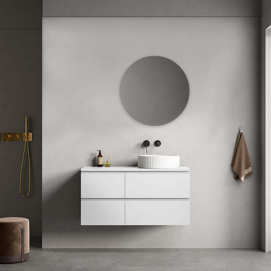 Mobile bagno sospeso reversibile  100 cm Bianco Opaco per Lavabo d'appoggio Specchio Tondo - Fiji Paint