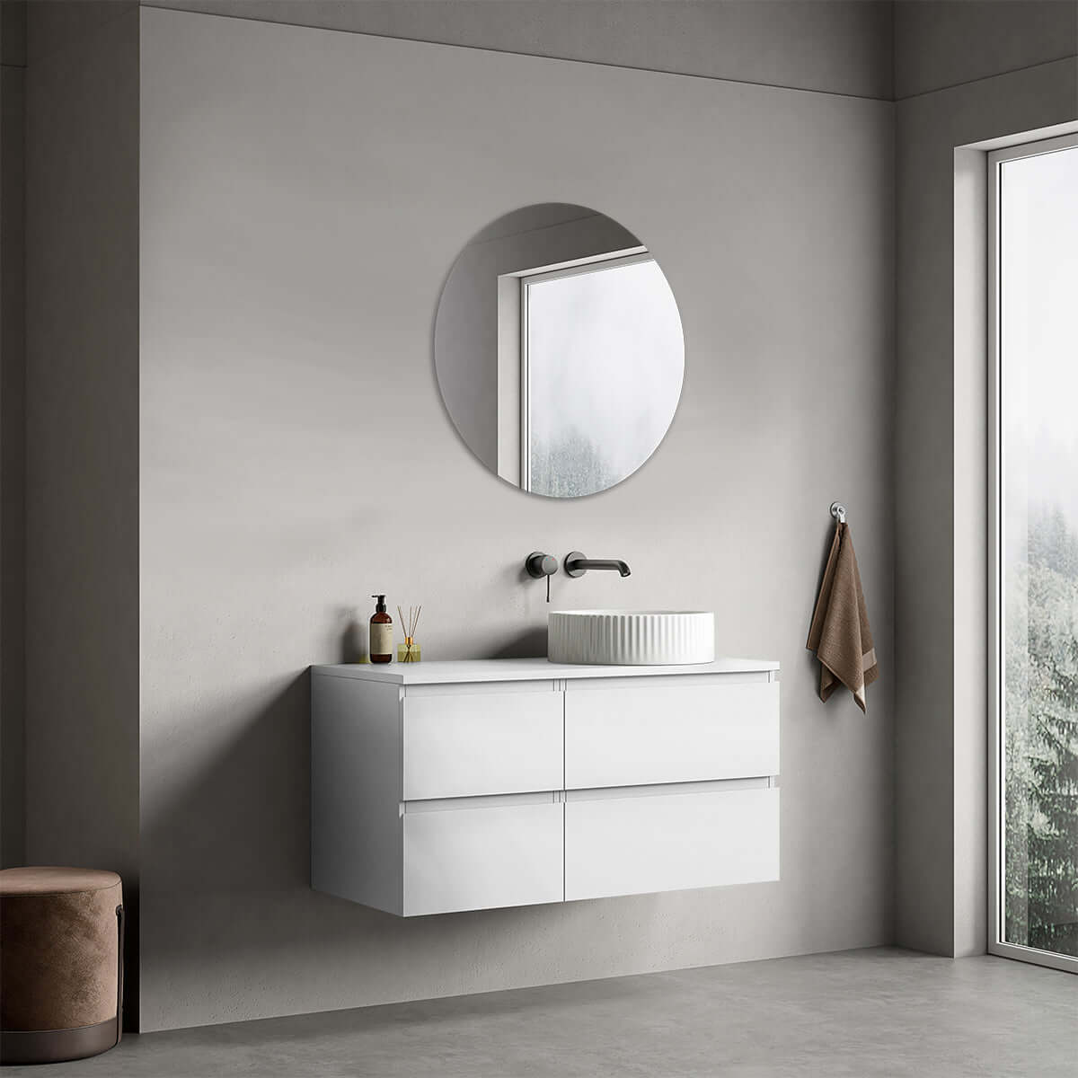 Mobile bagno sospeso reversibile  100 cm Bianco Opaco per Lavabo d'appoggio Specchio Tondo - Fiji Paint