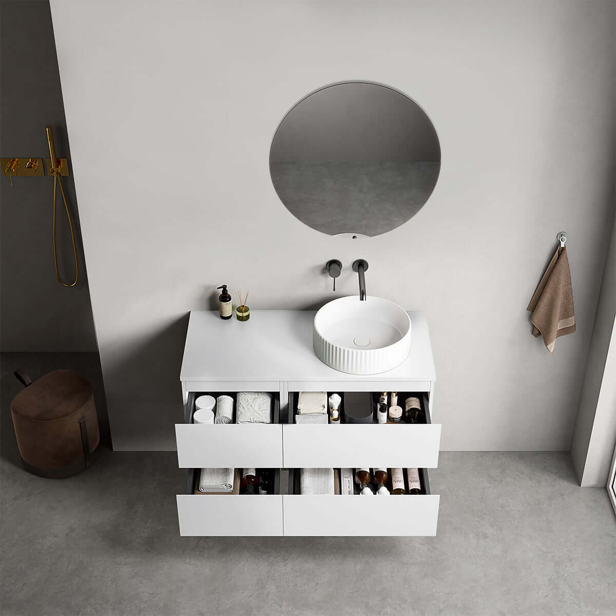 Mobile bagno sospeso reversibile  100 cm Bianco Opaco per Lavabo d'appoggio Specchio Tondo - Fiji Paint