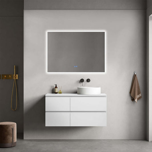 Mobile bagno sospeso reversibile  100 cm Bianco Opaco per Lavabo d'appoggio Specchio Quadro Retroilluminato - Fiji Paint