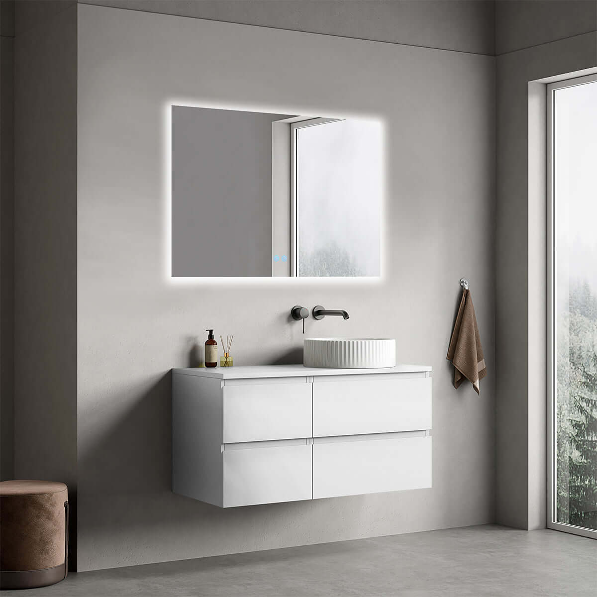 Mobile bagno sospeso reversibile  100 cm Bianco Opaco per Lavabo d'appoggio Specchio Quadro Retroilluminato - Fiji Paint