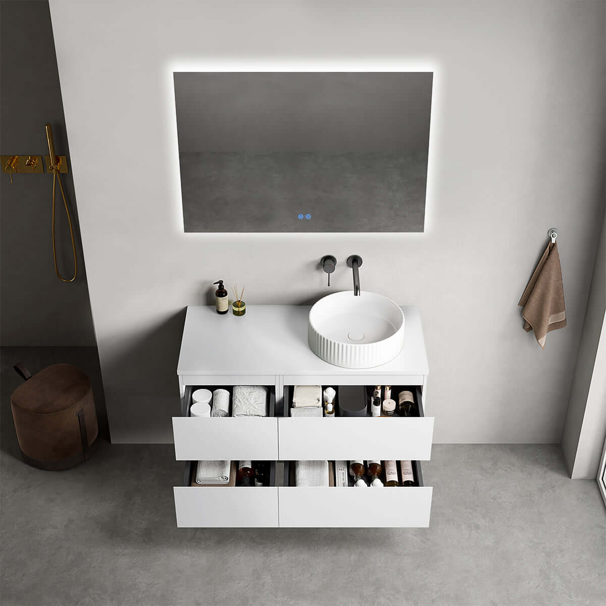Mobile bagno sospeso reversibile  100 cm Bianco Opaco per Lavabo d'appoggio Specchio Quadro Retroilluminato - Fiji Paint