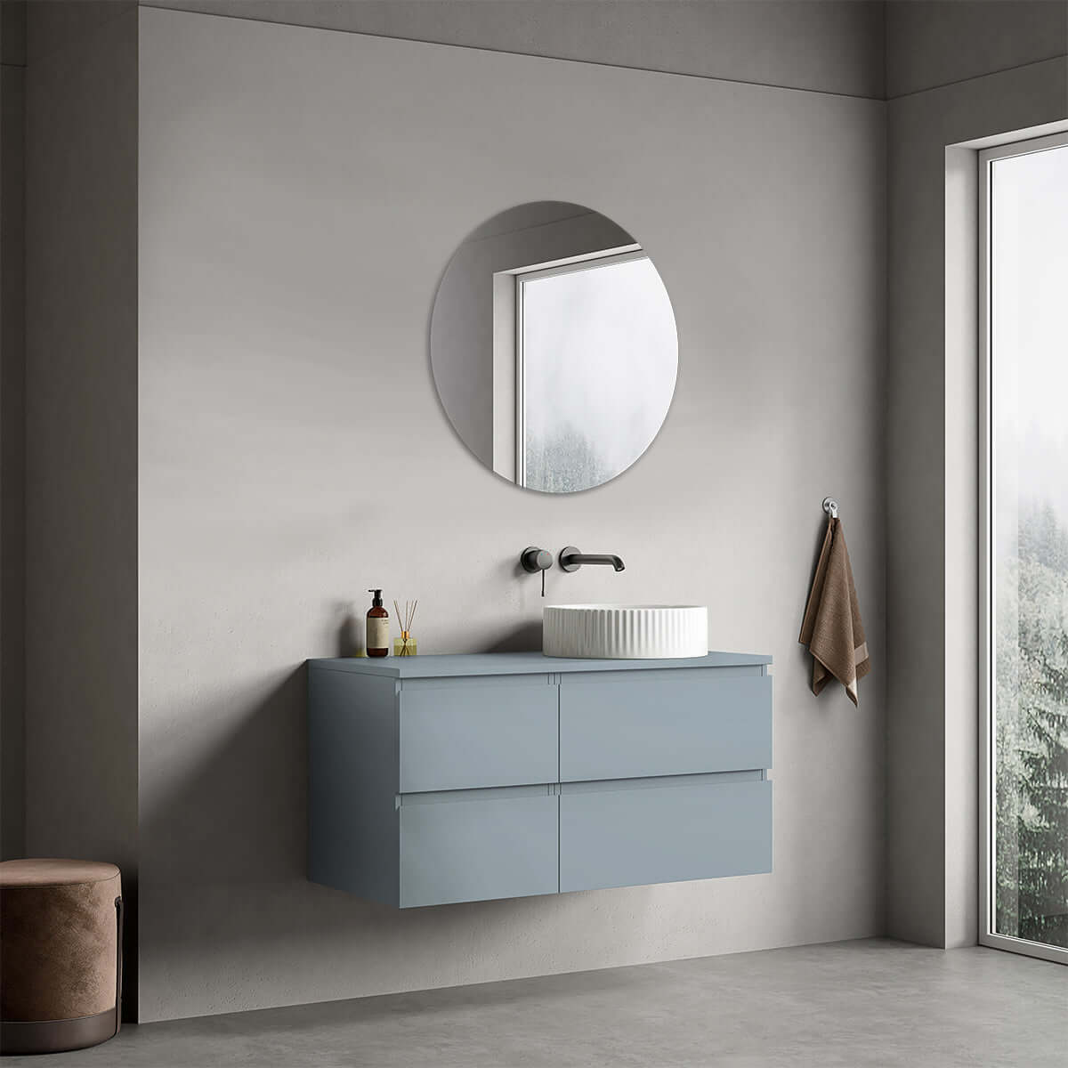 Mobile bagno sospeso reversibile  100 cm Blu Avio per Lavabo d'appoggio Specchio Tondo - Fiji Paint