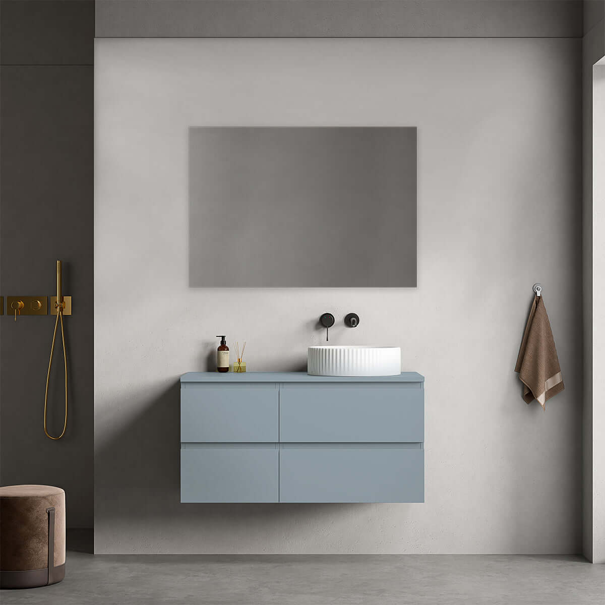 Mobile bagno sospeso reversibile  100 cm Blu Avio per Lavabo d'appoggio Specchio Quadro - Fiji Paint
