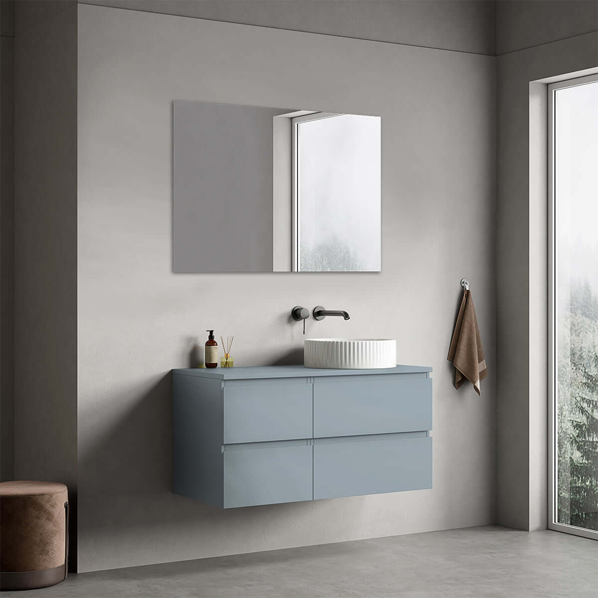 Mobile bagno sospeso reversibile  100 cm Blu Avio per Lavabo d'appoggio Specchio Quadro - Fiji Paint