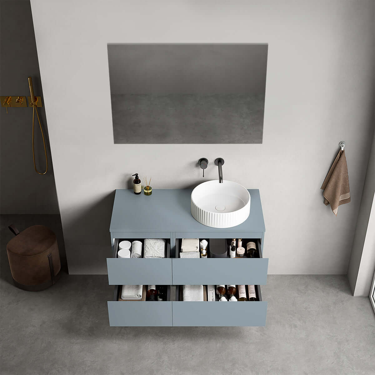 Mobile bagno sospeso reversibile  100 cm Blu Avio per Lavabo d'appoggio Specchio Quadro - Fiji Paint