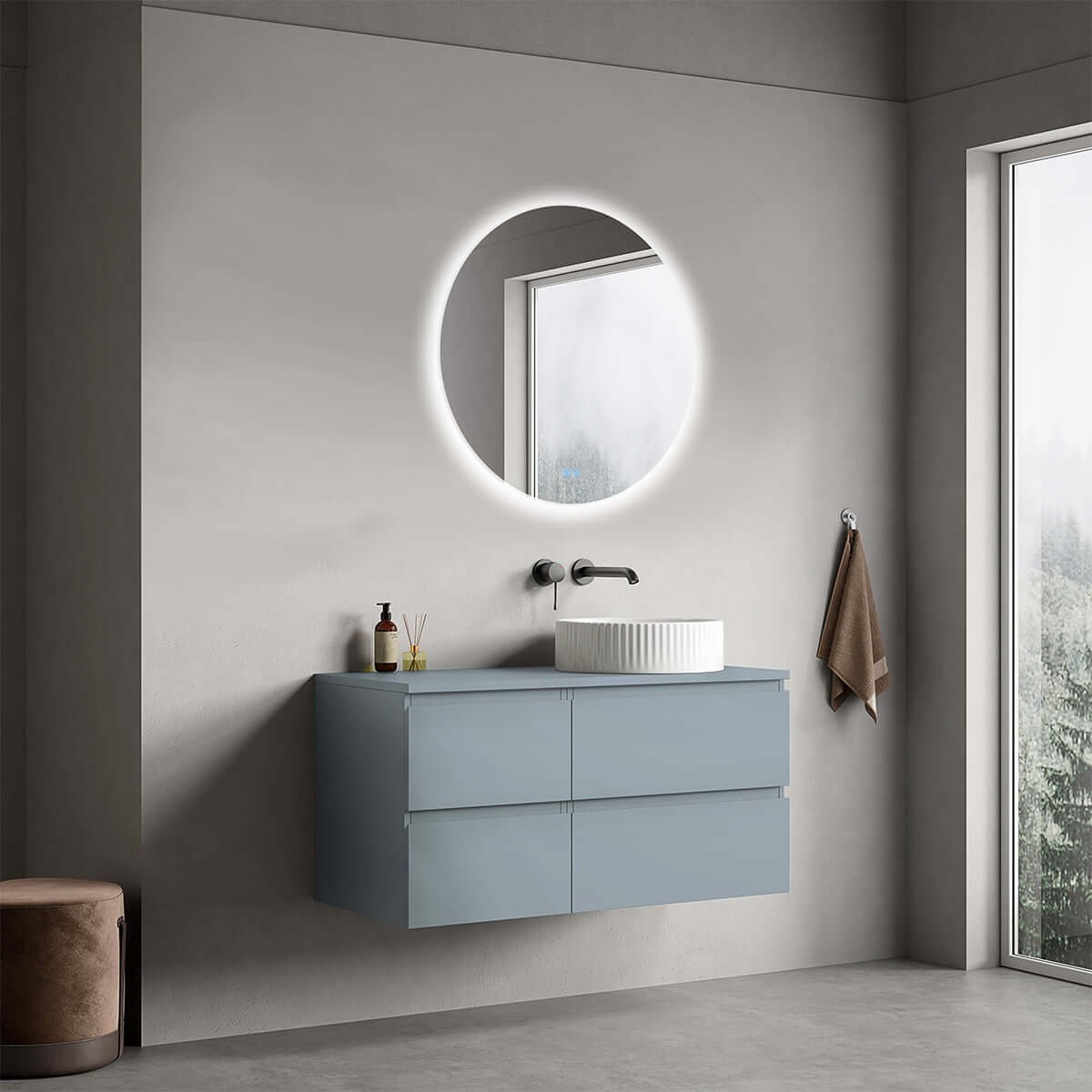 Mobile bagno sospeso reversibile  100 cm Blu Avio per Lavabo d'appoggio Specchio Tondo Retroilluminato - Fiji Paint