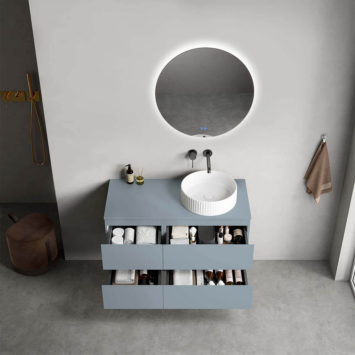Mobile bagno sospeso reversibile  100 cm Blu Avio per Lavabo d'appoggio Specchio Tondo Retroilluminato - Fiji Paint