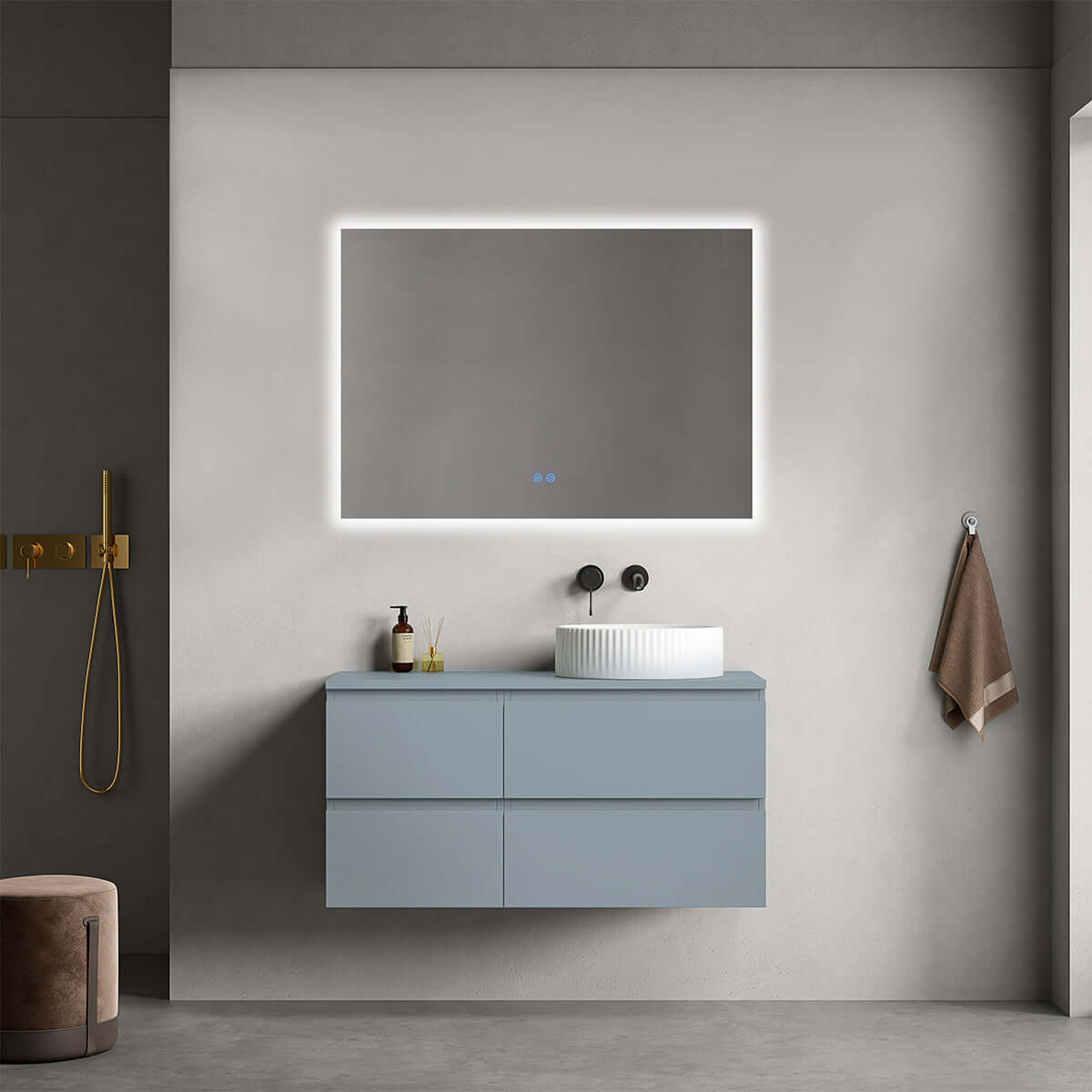 Mobile bagno sospeso reversibile  100 cm Blu Avio per Lavabo d'appoggio Specchio Quadro Retroilluminato - Fiji Paint