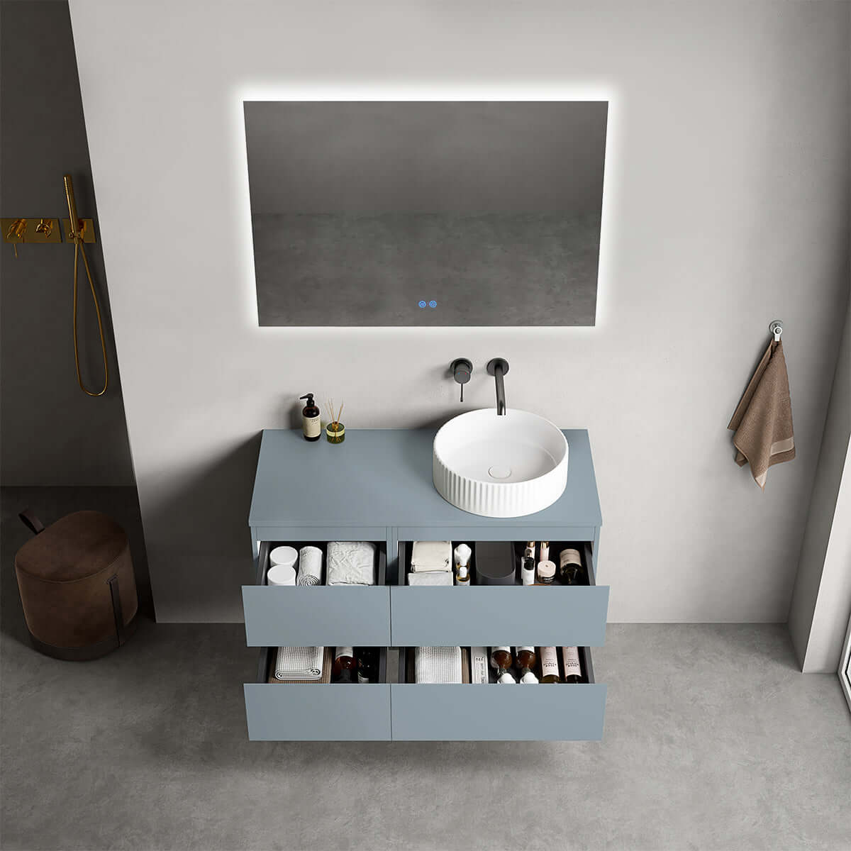 Mobile bagno sospeso reversibile  100 cm Blu Avio per Lavabo d'appoggio Specchio Quadro Retroilluminato - Fiji Paint