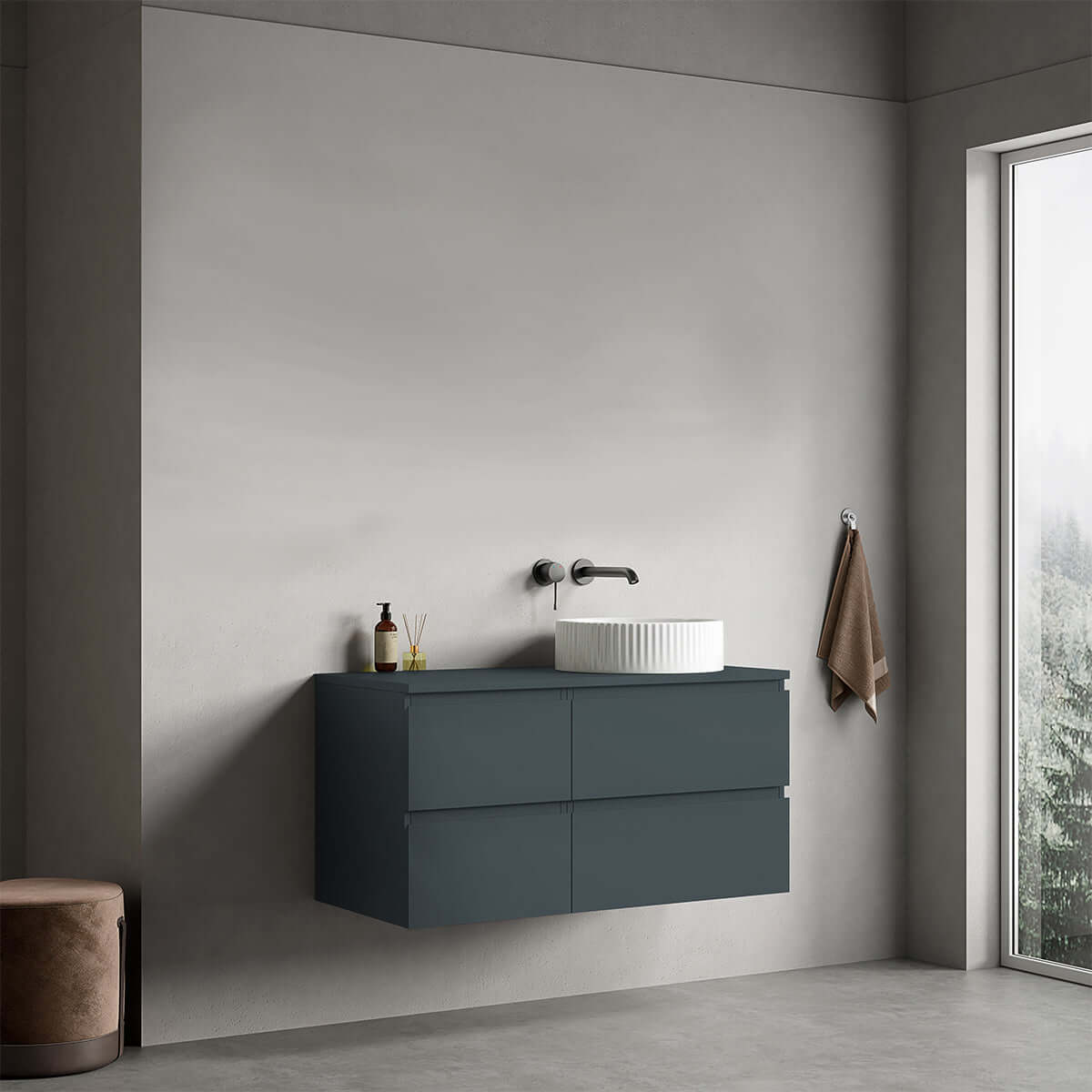 Mobile bagno sospeso reversibile  100 cm Blu Mare per Lavabo d'appoggio Senza Specchio - Fiji Paint