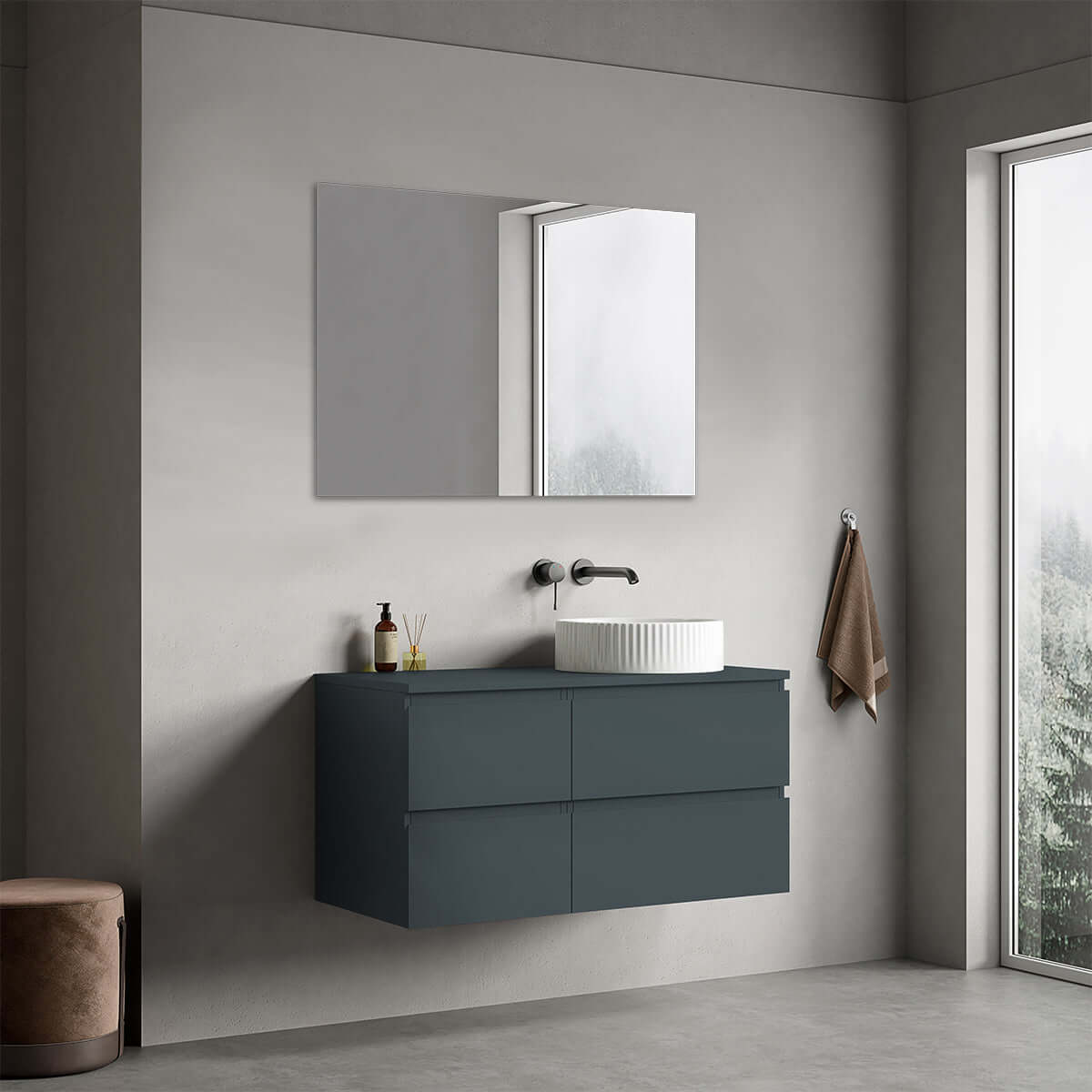 Mobile bagno sospeso reversibile  100 cm Blu Mare per Lavabo d'appoggio Specchio Quadro - Fiji Paint