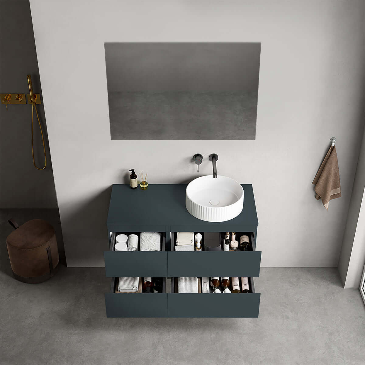 Mobile bagno sospeso reversibile  100 cm Blu Mare per Lavabo d'appoggio Specchio Quadro - Fiji Paint