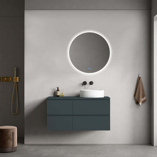 Mobile bagno sospeso reversibile  100 cm Blu Mare per Lavabo d'appoggio Specchio Tondo Retroilluminato - Fiji Paint