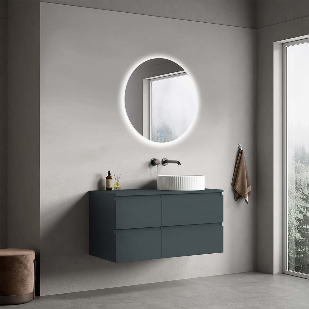 Mobile bagno sospeso reversibile  100 cm Blu Mare per Lavabo d'appoggio Specchio Tondo Retroilluminato - Fiji Paint