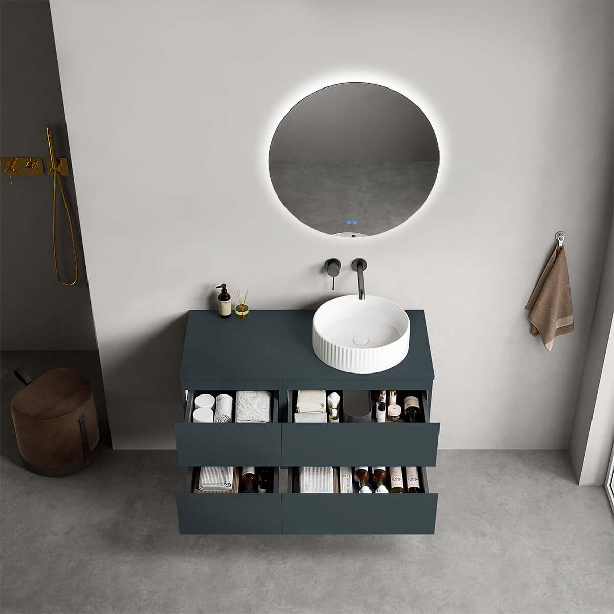 Mobile bagno sospeso reversibile  100 cm Blu Mare per Lavabo d'appoggio Specchio Tondo Retroilluminato - Fiji Paint