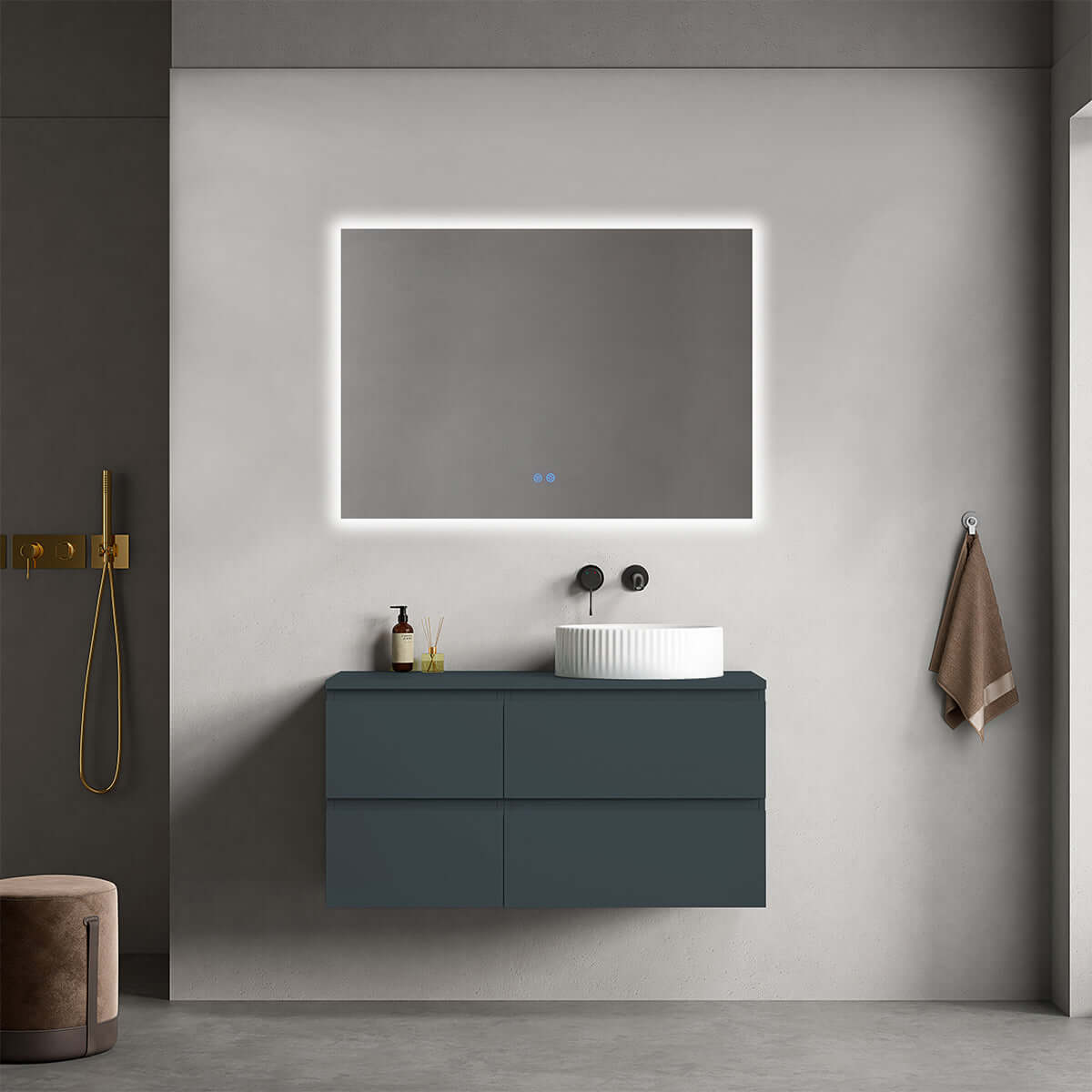 Mobile bagno sospeso reversibile  100 cm Blu Mare per Lavabo d'appoggio Specchio Quadro Retroilluminato - Fiji Paint