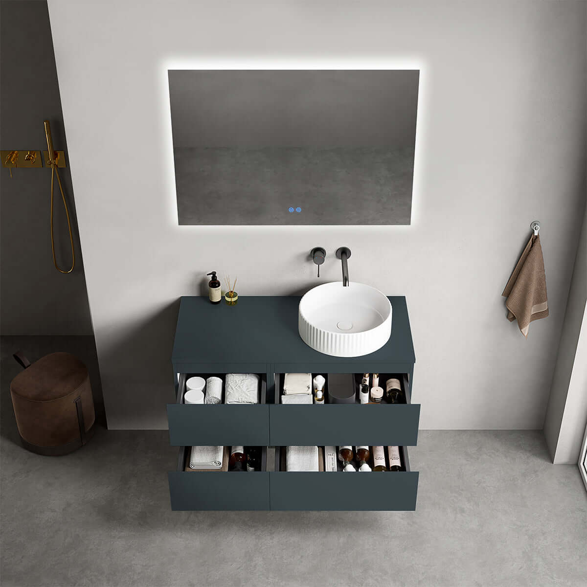 Mobile bagno sospeso reversibile  100 cm Blu Mare per Lavabo d'appoggio Specchio Quadro Retroilluminato - Fiji Paint