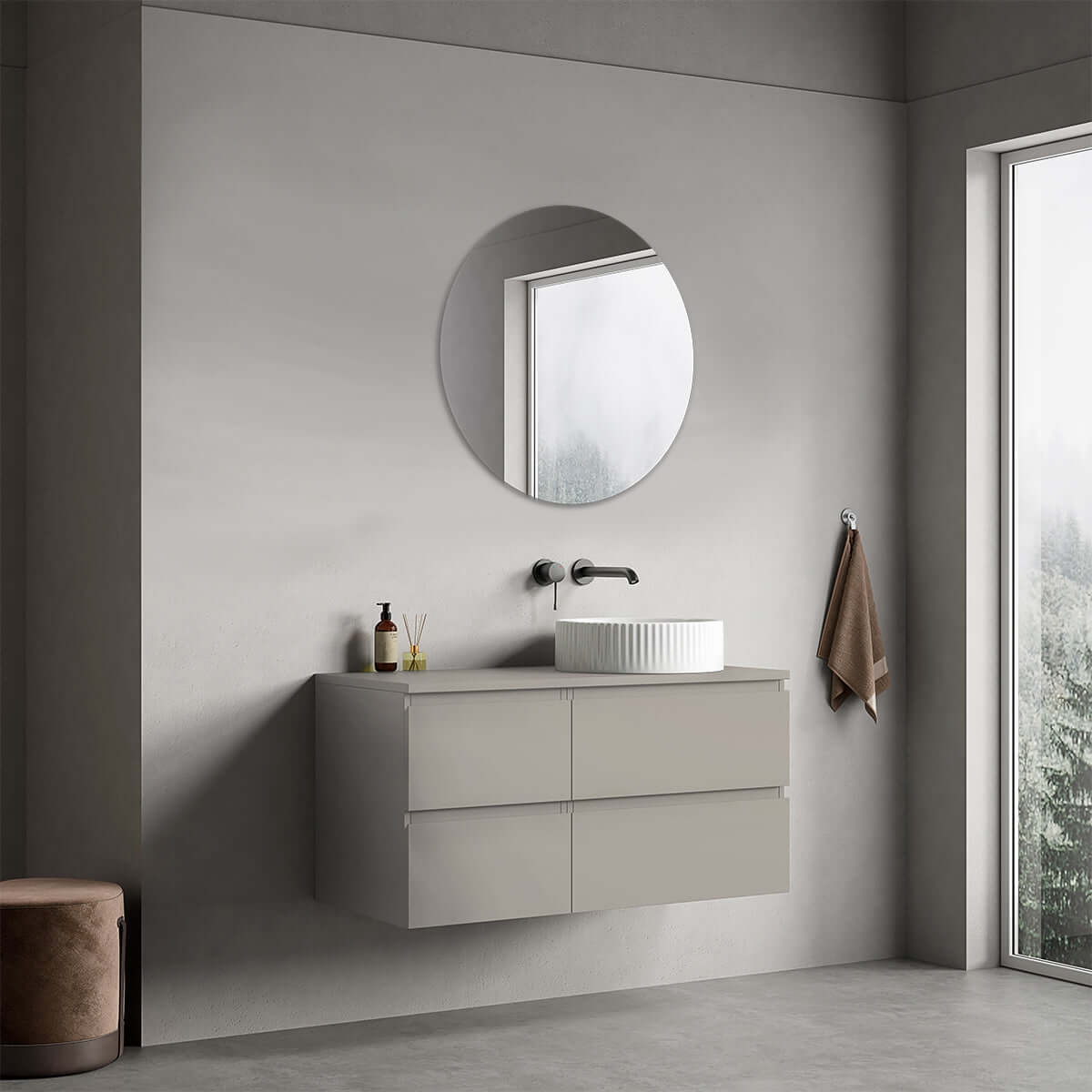 Mobile bagno sospeso reversibile  100 cm Grigio Cenere  per Lavabo d'appoggio Specchio Tondo - Fiji Paint