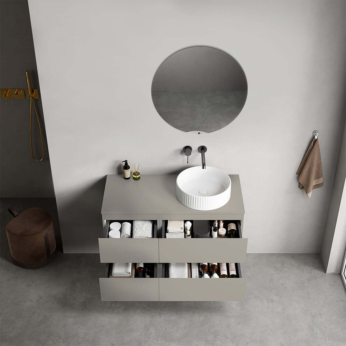 Mobile bagno sospeso reversibile  100 cm Grigio Cenere  per Lavabo d'appoggio Specchio Tondo - Fiji Paint
