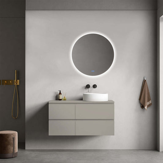 Mobile bagno sospeso reversibile  100 cm Grigio Cenere  per Lavabo d'appoggio Specchio Tondo Retroilluminato - Fiji Paint