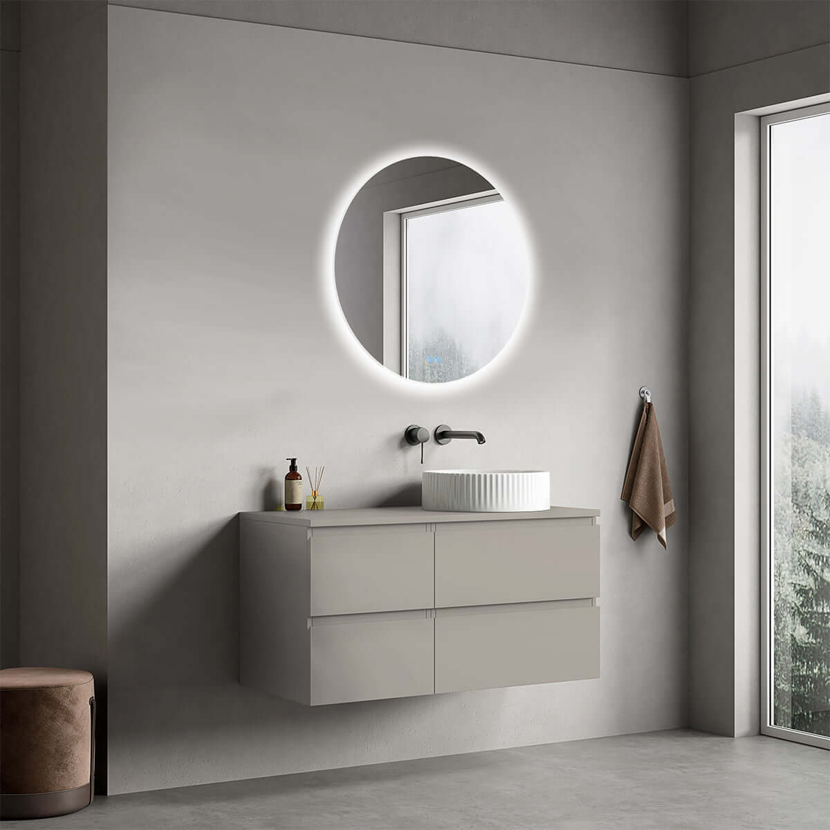 Mobile bagno sospeso reversibile  100 cm Grigio Cenere  per Lavabo d'appoggio Specchio Tondo Retroilluminato - Fiji Paint