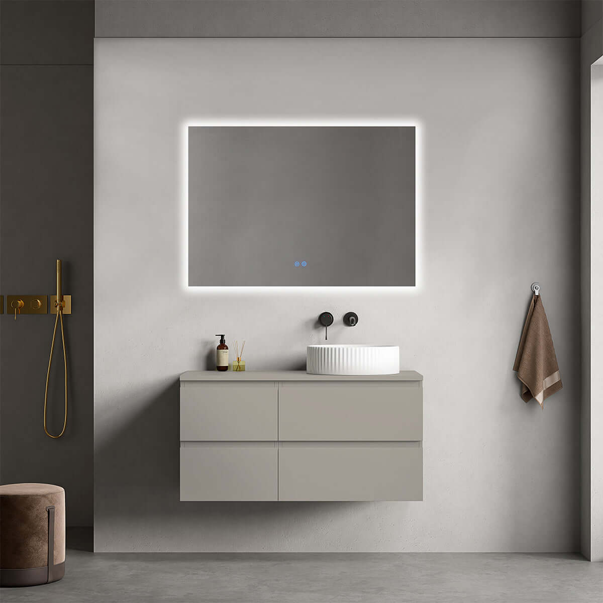 Mobile bagno sospeso reversibile  100 cm Grigio Cenere  per Lavabo d'appoggio Specchio Quadro Retroilluminato - Fiji Paint
