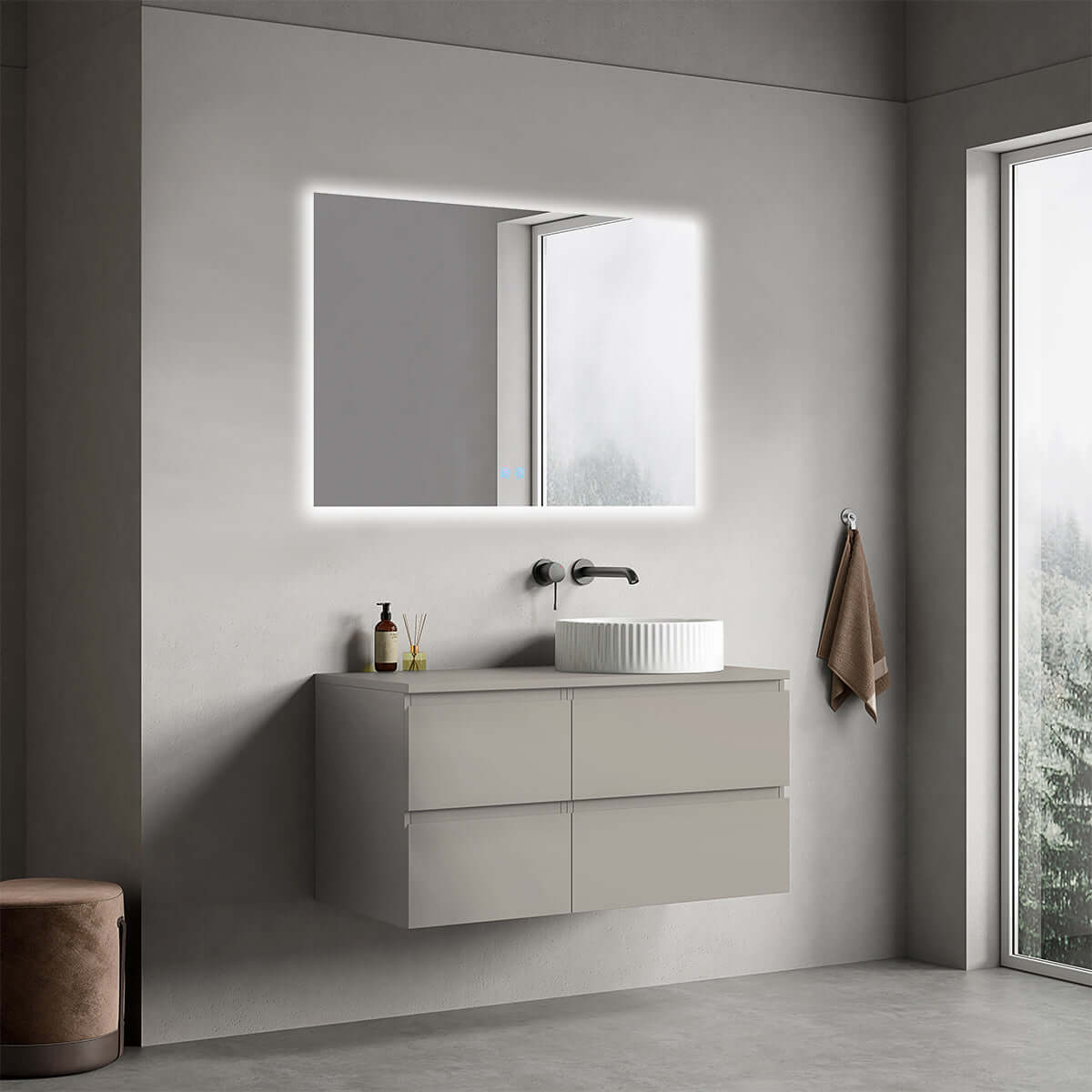 Mobile bagno sospeso reversibile  100 cm Grigio Cenere  per Lavabo d'appoggio Specchio Quadro Retroilluminato - Fiji Paint