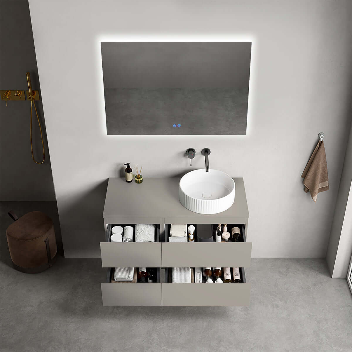 Mobile bagno sospeso reversibile  100 cm Grigio Cenere  per Lavabo d'appoggio Specchio Quadro Retroilluminato - Fiji Paint