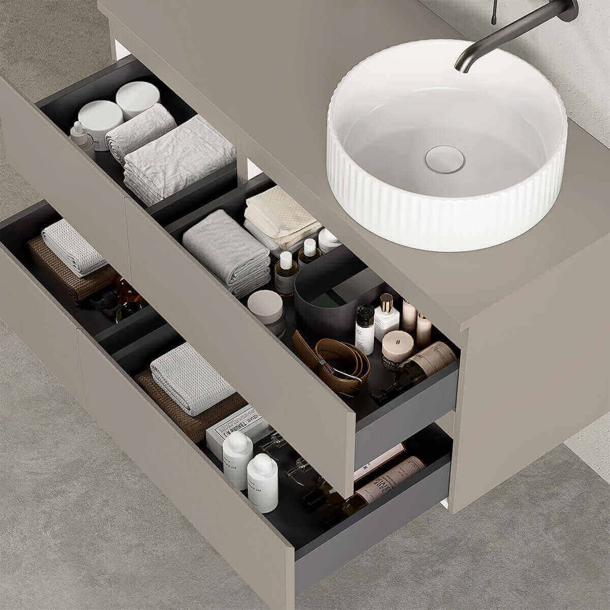 Mobile bagno sospeso reversibile  100 cm Grigio Cenere  per Lavabo d'appoggio Specchio Tondo - Fiji Paint