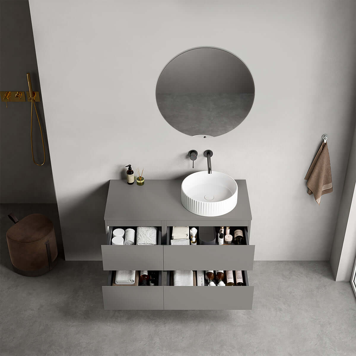 Mobile bagno sospeso reversibile  100 cm Grigio Londra per Lavabo d'appoggio Specchio Tondo - Fiji Paint