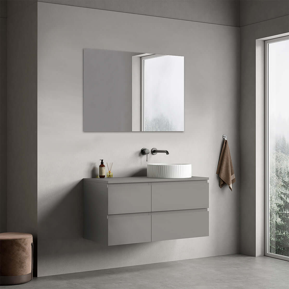 Mobile bagno sospeso reversibile  100 cm Grigio Londra per Lavabo d'appoggio Specchio Quadro - Fiji Paint