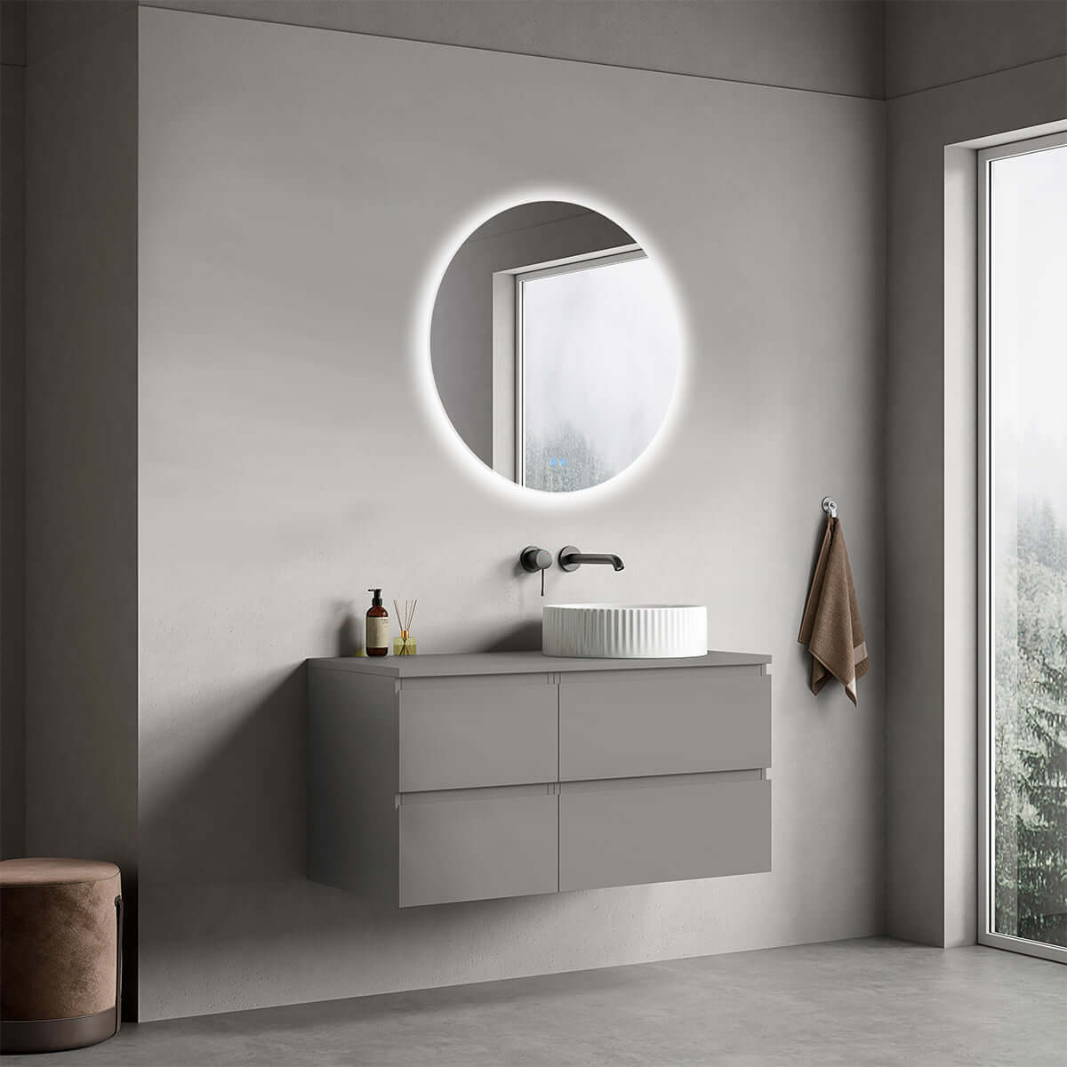 Mobile bagno sospeso reversibile  100 cm Grigio Londra per Lavabo d'appoggio Specchio Tondo Retroilluminato - Fiji Paint