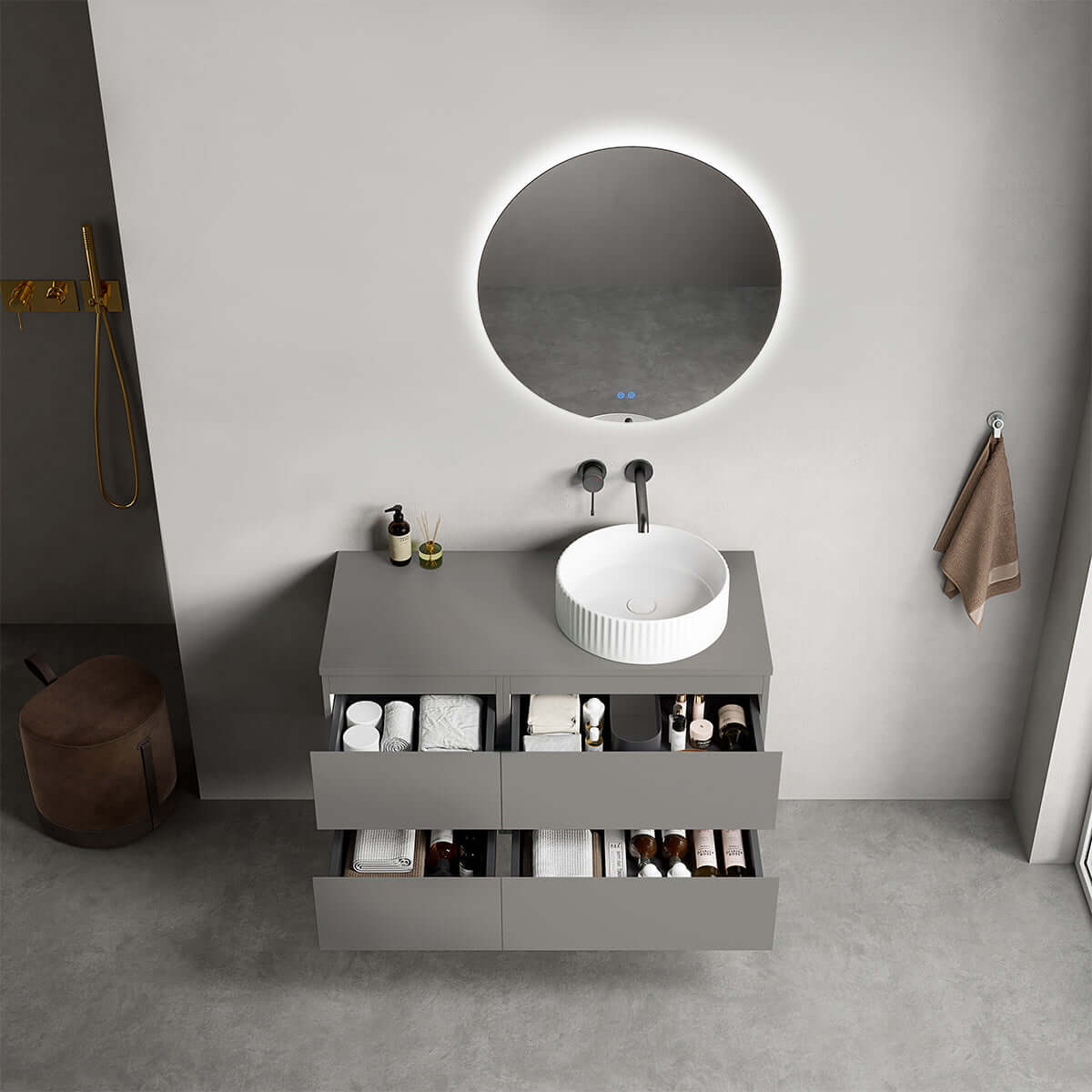 Mobile bagno sospeso reversibile  100 cm Grigio Londra per Lavabo d'appoggio Specchio Tondo Retroilluminato - Fiji Paint