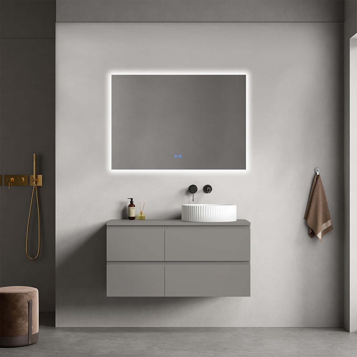 Mobile bagno sospeso reversibile  100 cm Grigio Londra per Lavabo d'appoggio Specchio Quadro Retroilluminato - Fiji Paint