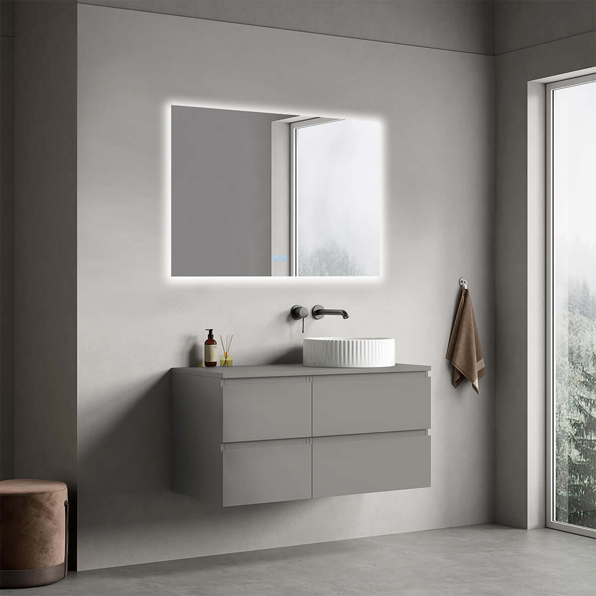 Mobile bagno sospeso reversibile  100 cm Grigio Londra per Lavabo d'appoggio Specchio Quadro Retroilluminato - Fiji Paint