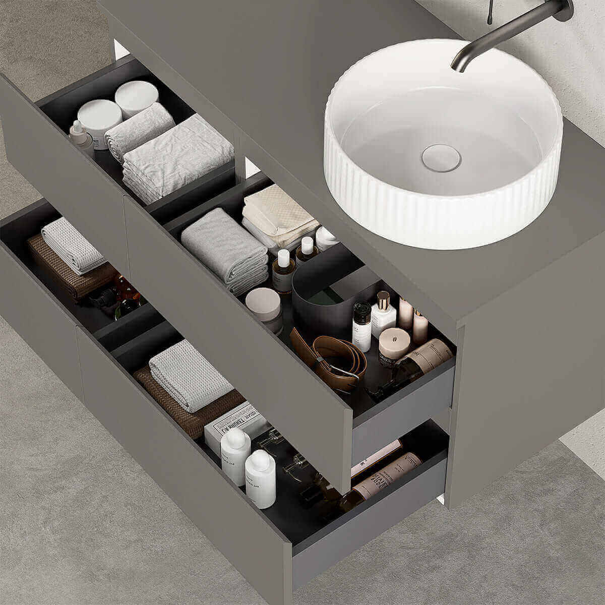 Mobile bagno sospeso reversibile  100 cm Grigio Londra per Lavabo d'appoggio Specchio Tondo - Fiji Paint