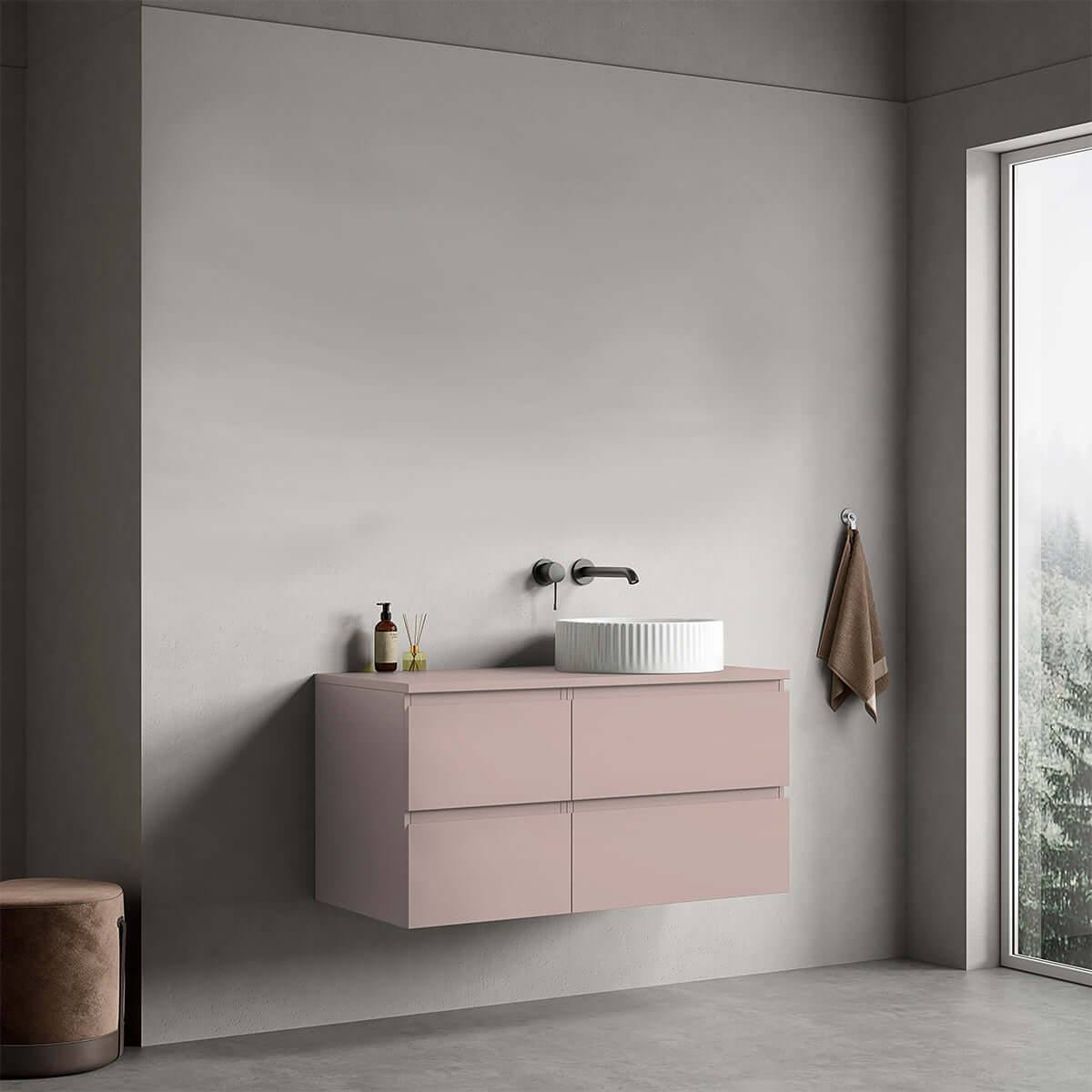 Mobile bagno sospeso reversibile  100 cm Rosa Retrò per Lavabo d'appoggio Senza Specchio - Fiji Paint
