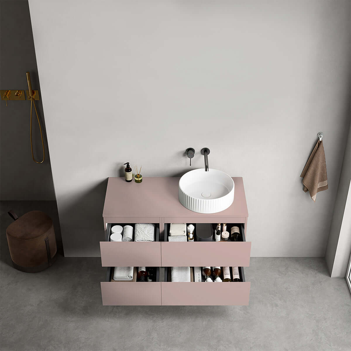 Mobile bagno sospeso reversibile  100 cm Rosa Retrò per Lavabo d'appoggio Senza Specchio - Fiji Paint
