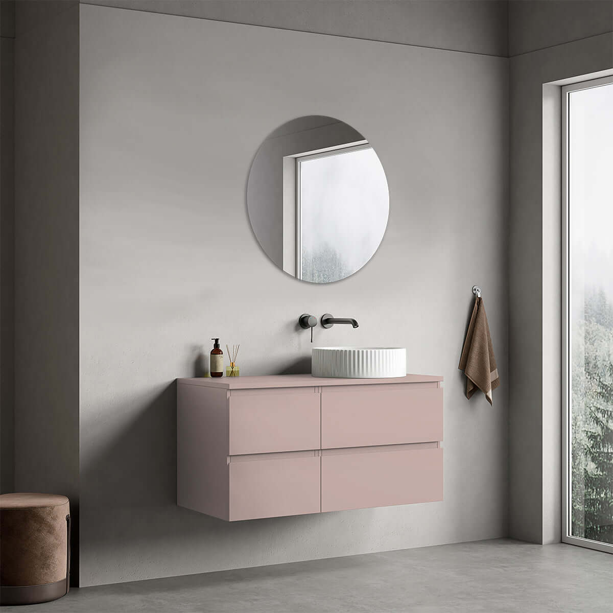 Mobile bagno sospeso reversibile  100 cm Rosa Retrò per Lavabo d'appoggio Specchio Tondo - Fiji Paint